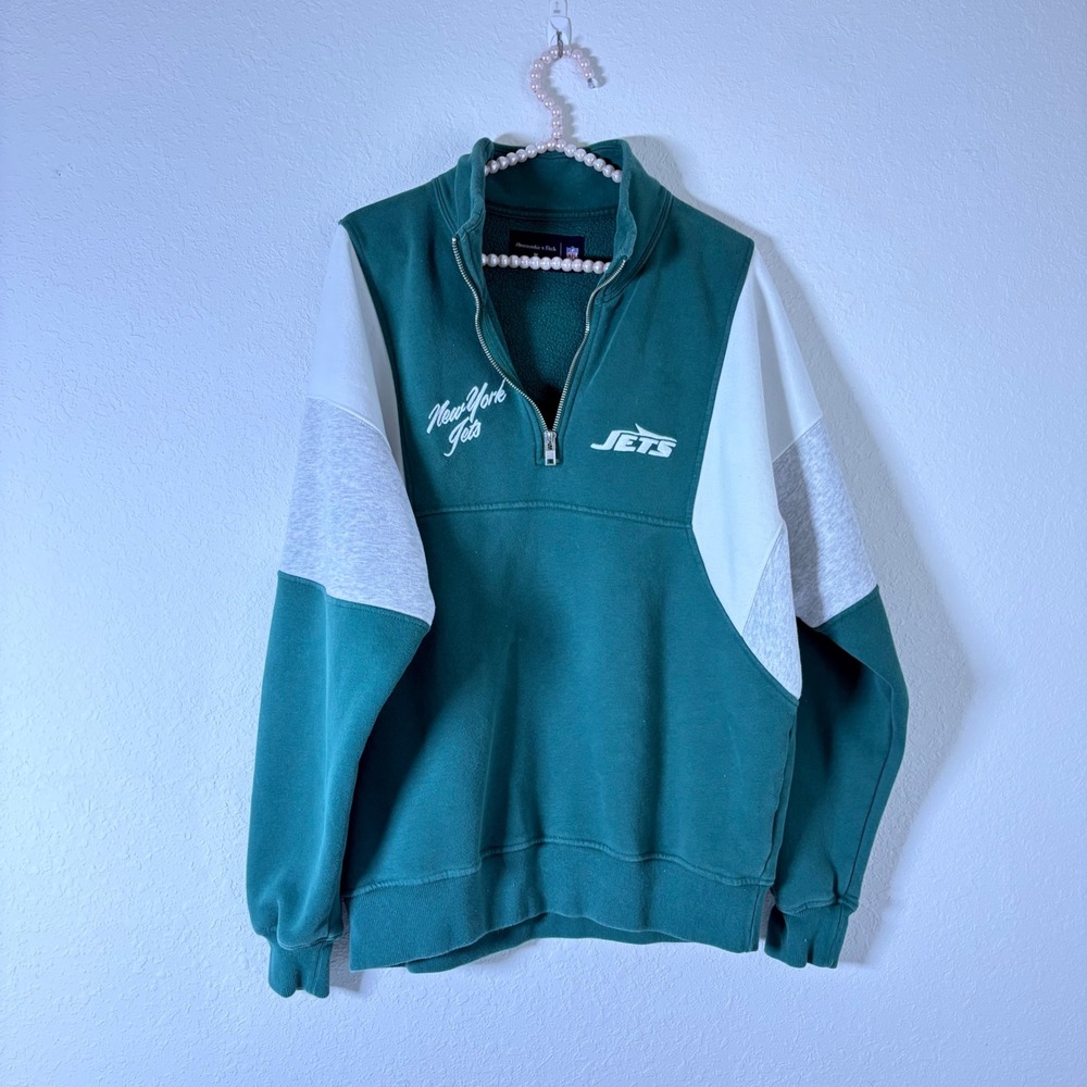 Abercrombie & Fitch New York Jets Quarter Zip Medium Green Colorblock Excellent